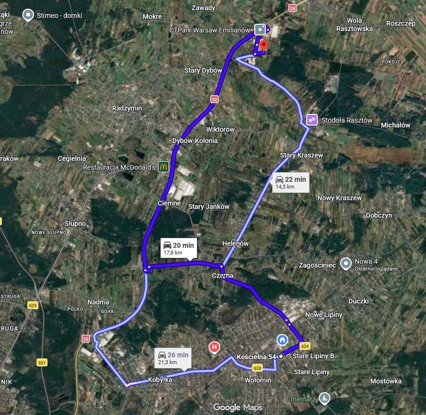Mapa dojazdu na salę weselną — zaznaczona najlepsza trasa z kościoła