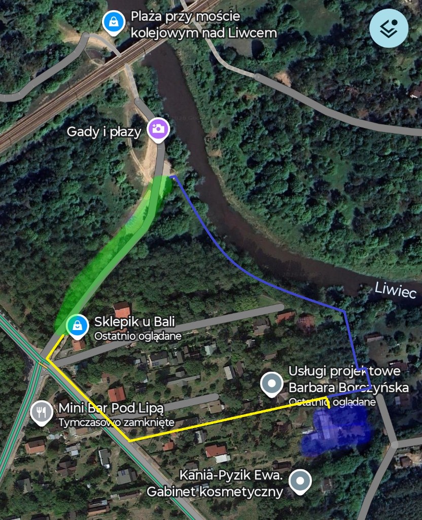Mapa tras do poprawin — zielony parking, niebieski teren poprawin, żółta ścieżka prosta, niebieska ścieżka widokowa